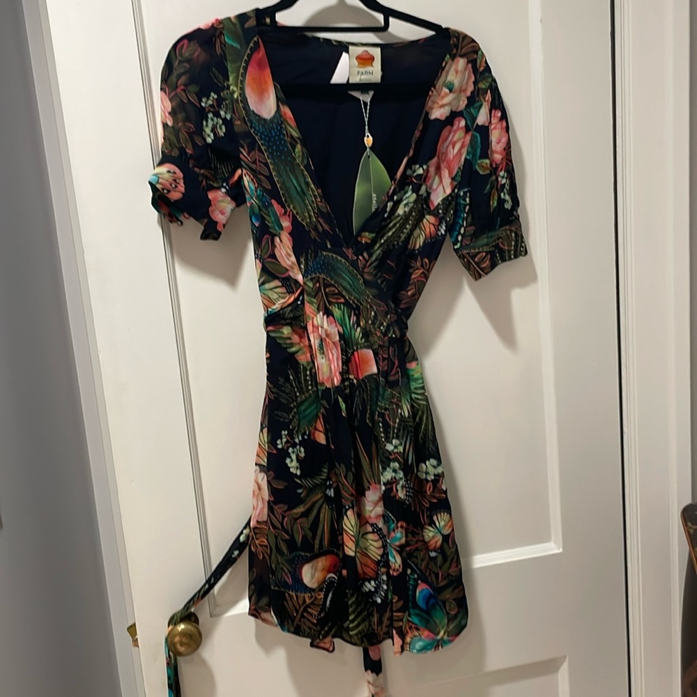 Anthropologie🦜 parrot poppy flowers & butterfly v neck farm Rio Dres with  nwt